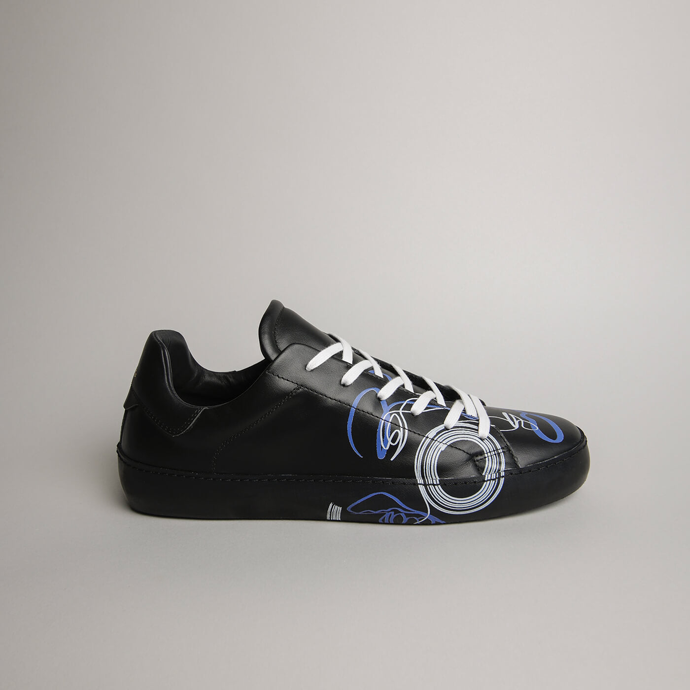 Mavericks Designer black art sneaker with blue-and-white artwork, made in Italy
