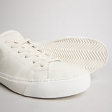 Close-up of white tumbled leather, toe stitching and outsole on the men’s Milano