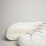 Close-up of white goat leather, toe stitching and outsole on the women’s Milano