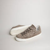 Angled pair of men’s dark taupe suede Milano sneakers