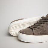 Close-up of dark taupe suede, laces and herringbone outsole on the men’s Milano