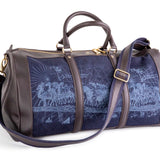 Euforia Weekend Bag in printed navy Japanese denim and brown Italian leather with shoulder strap