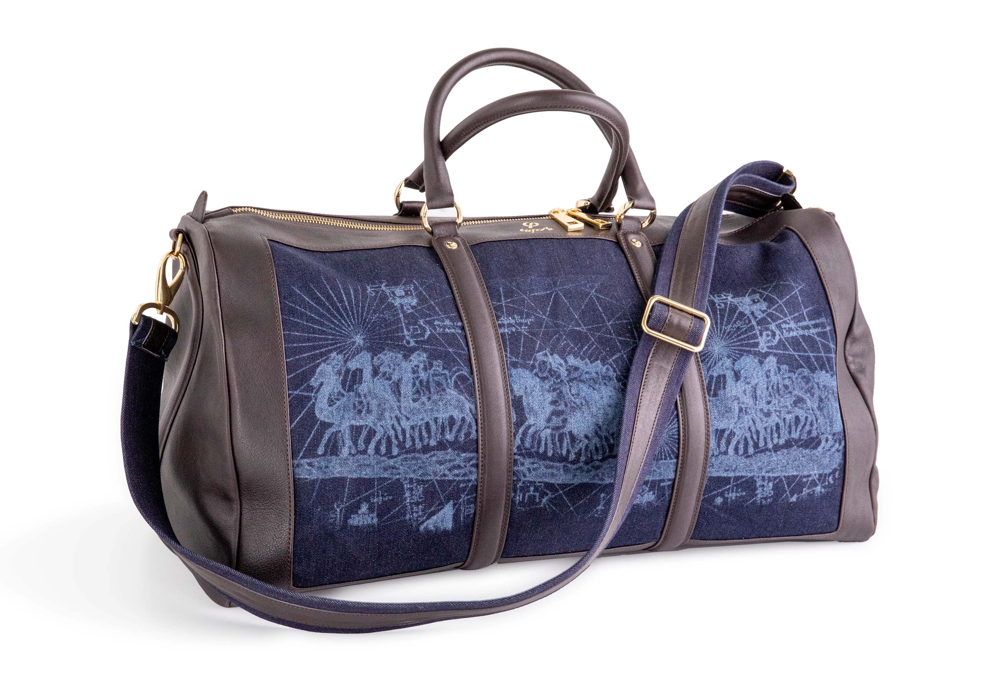 Euforia Weekend Bag in printed navy Japanese denim and brown Italian leather with shoulder strap
